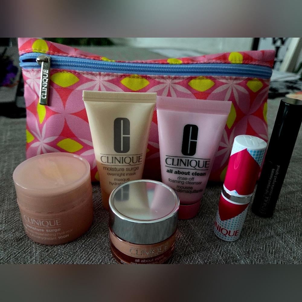 Clinique Skincare Set with Pink and Yellow Floral Bag